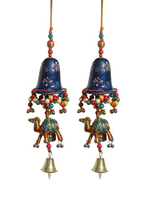 door hanging blue painted bell with jhalar golden camel with metal bell set of 2 by handicrafts paradise - 14120267 - Very Small Image - 1