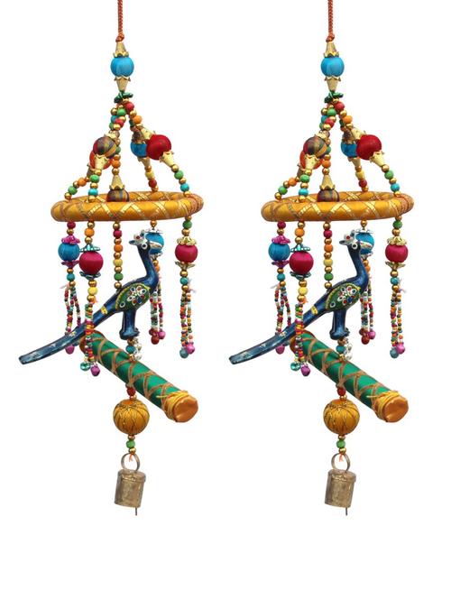 door hanging peacock standing on decorated base and resham ring over it and antique bell set of 2 by handicrafts paradise - 14120271 - Very Small Image - 1