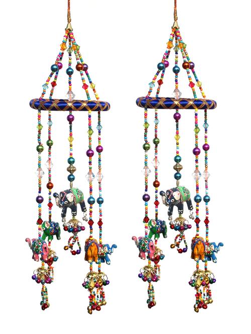 door hanging with 5 rows of cut beads with the elephants tied with resham ring at the top set of 2 by handicrafts paradise - 14120273 - Very Small Image - 1