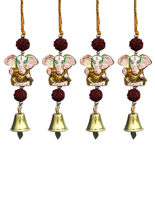 door hanging golden ganesha with double rudraksha and metal bell set of 4 by handicrafts paradise - 14120275 - Very Small Image - 1