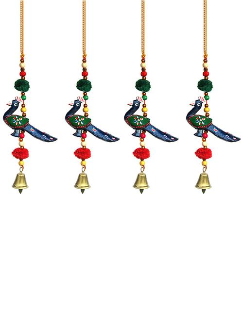 door hanging blue peacock with wooden beads pumpum and metal bell set of 4 by handicrafts paradise - 14120277 - Very Small Image - 1