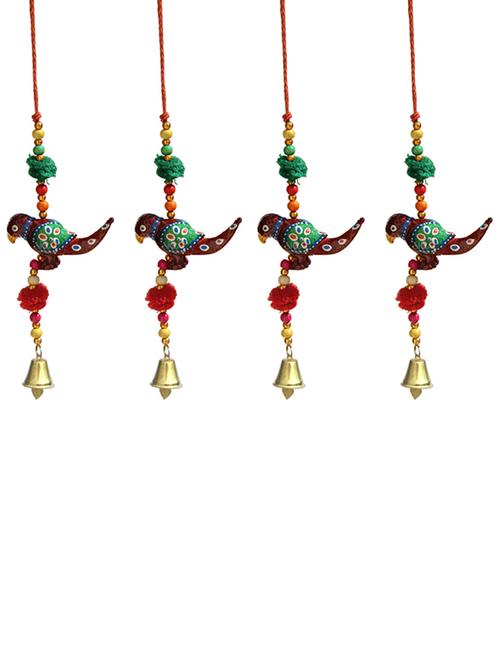 door hanging maroon parrot with wooden beads pumpum and metal bell set of 4 by handicrafts paradise - 14120278 - Very Small Image - 1