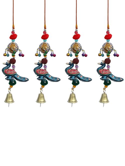 door hanging blue peacock with cheed ball rudraksha pumpum and metal bell set of 4 by handicrafts paradise - 14120282 - Very Small Image - 1