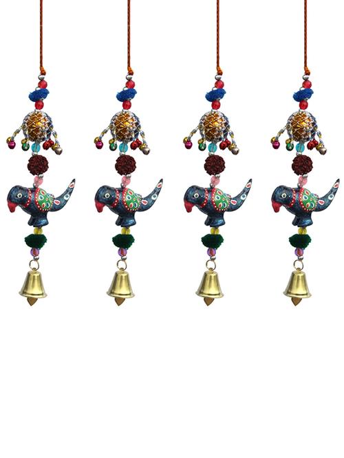 door hanging green parrot with cheed ball rudraksha pumpum and metal bell set of 4 by handicrafts paradise - 14120283 - Very Small Image - 1