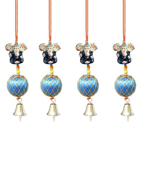 door hanging green ganesha with blue resham ball and metal bell set of 4 by handicrafts paradise - 14120285 - Very Small Image - 1