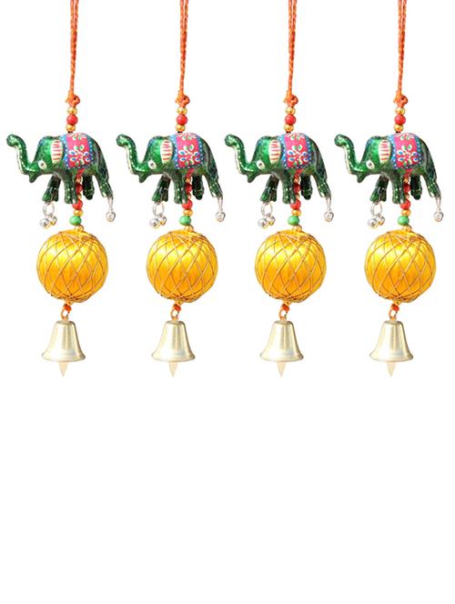 door hanging green elephant with yellow resham ball and metal bell set of 4 by handicrafts paradise - 14120286 - Very Small Image - 1