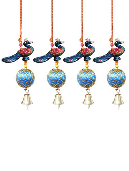 door hanging blue peacock with blue resham ball and metal bell set of 4 by handicrafts paradise - 14120287 - Very Small Image - 1
