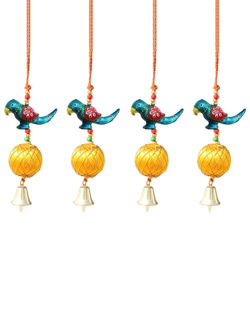 door hanging blue parrot with yellow resham ball and metal bell set of 4 by handicrafts paradise - 14120288 - Very Small Image - 1