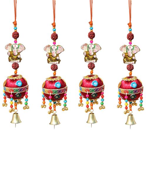door hanging gold ganesha with rudraksha beads red resham ball with mirrors and metal bell set of 4 by handicrafts paradise - 14120290 - Very Small Image - 1