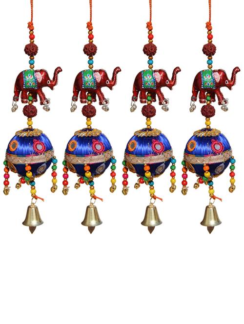 door hanging maroon elephant with rudraksha beads blue resham ball with mirrors and metal bell set of 4 by handicrafts paradise - 14120291 - Very Small Image - 1