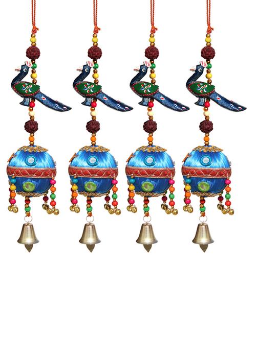 door hanging blue peacock with rudraksha beads blue resham ball with mirrors and metal bell set of 4 by handicrafts paradise - 14120292 - Very Small Image - 1