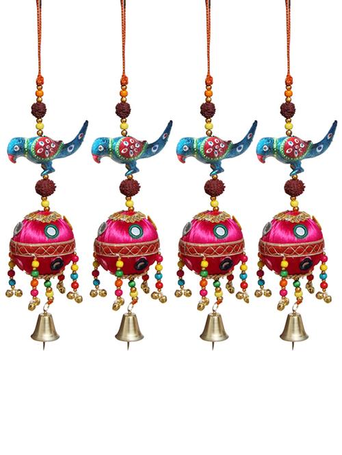 door hanging blue parrot with rudraksha beads pink resham ball with mirrors and metal bell set of 4 by handicrafts paradise - 14120293 - Very Small Image - 1