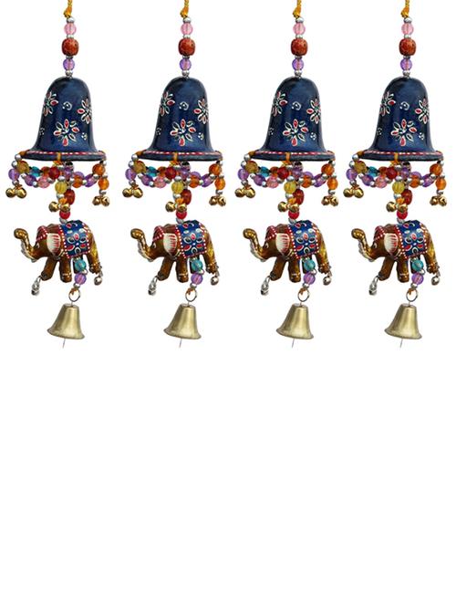 door hanging blue painted bell with jhalar golden elephant with metal bell set of 4 by handicrafts paradise - 14120296 - Very Small Image - 1