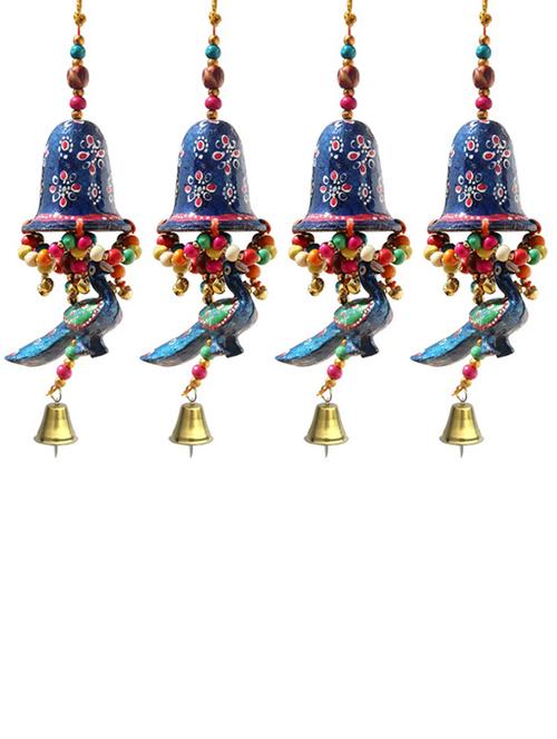 door hanging blue painted bell with jhalar blue peacock with metal bell set of 4 by handicrafts paradise - 14120297 - Very Small Image - 1