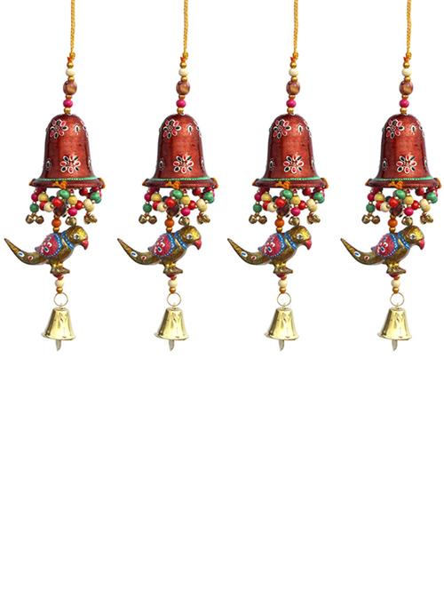 door hanging maroon painted bell with jhalar golden parrot with metal bell set of 4 by handicrafts paradise - 14120298 - Very Small Image - 1