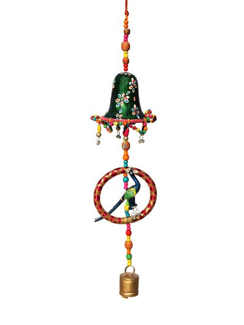 door hanging golden painted bell with jhalar maroon peacock with a ring around and antique bell by handicrafts paradise - 14120301 - Very Small Image - 1