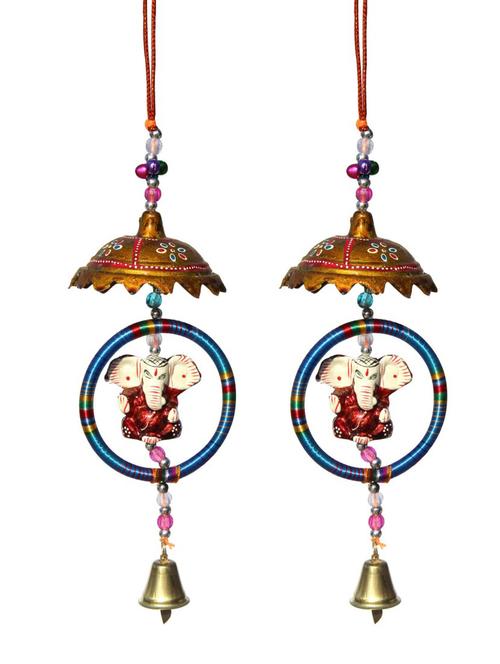 door hanging golden painted umbrella with blue ring surrounding ganesha with metal bell set of 2 by handicrafts paradise - 14120302 - Very Small Image - 1