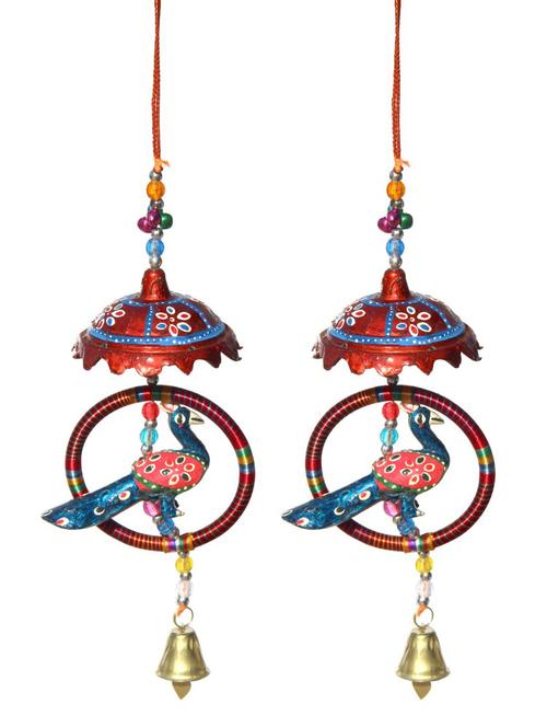 door hanging maroon painted umbrella with ring surrounding peacock with metal bell set of 2 by handicrafts paradise - 14120303 - Very Small Image - 1