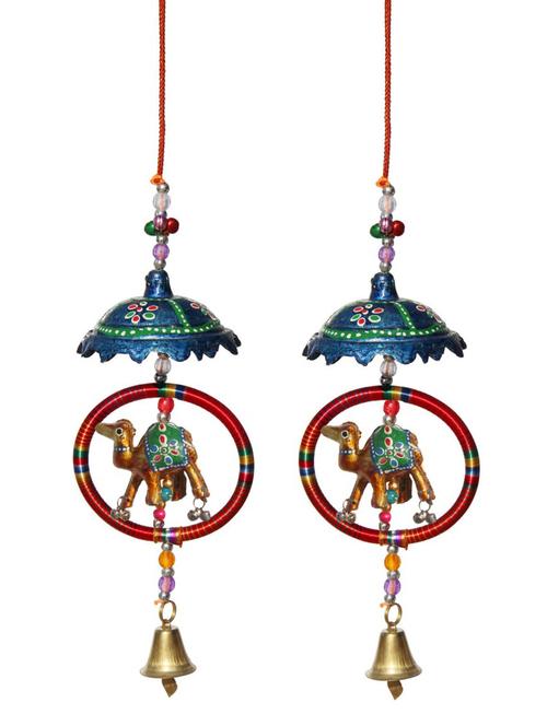 door hanging blue painted umbrella with ring surrounding camel with metal bell set of 2 by handicrafts paradise - 14120304 - Very Small Image - 1