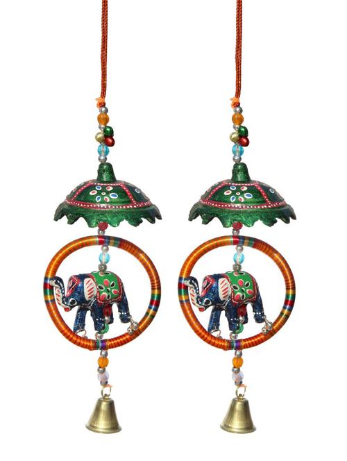 door hanging green painted umbrella with ring surrounding elephant with metal bell set of 2 by handicrafts paradise - 14120305 - Very Small Image - 1