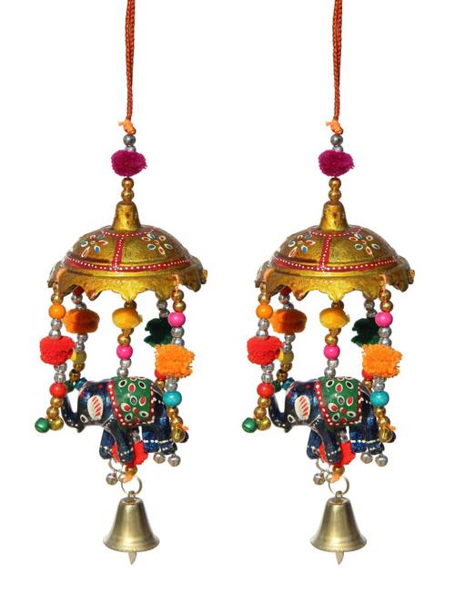 door hanging umbrella with elephant painted and metal bell set of 2 by handicrafts paradise - 14120309 - Very Small Image - 1