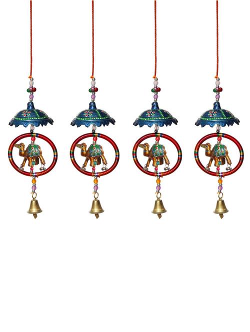 door hanging blue painted umbrella with ring surrounding camel with metal bell set of 4 by handicrafts paradise - 14120314 - Very Small Image - 1