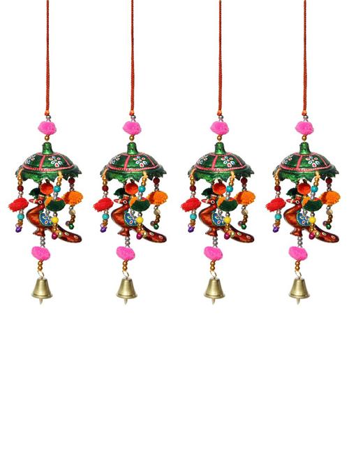 door hanging umbrella with peacock painted and metal bell set of 4 by handicrafts paradise - 14120316 - Very Small Image - 1