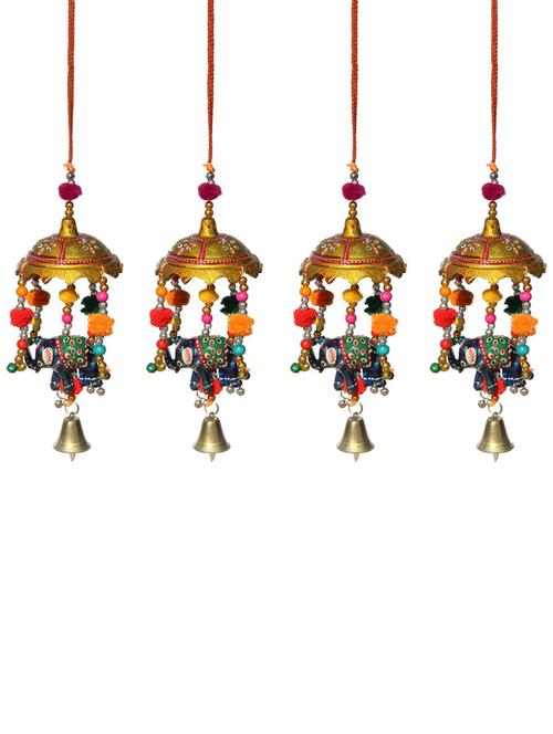 door hanging umbrella with elephant painted and metal bell set of 4 by handicrafts paradise - 14120319 - Very Small Image - 1