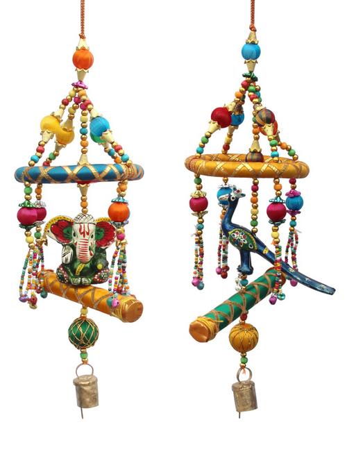 door hanging set of 2 pc peacock standing on decorated base and ganesh with antique bell by handicrafts paradise - 14120326 - Very Small Image - 1