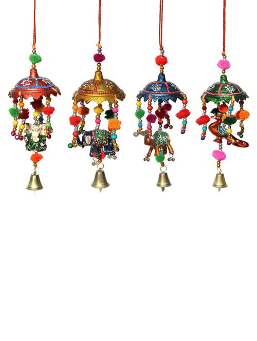 door hanging set of 4 pc umbrella with ganesha , elephant , camel and peacock painted with metal bell by handicrafts paradise - 14120327 - Very Small Image - 1