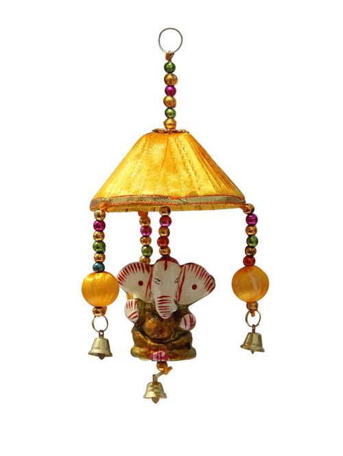 door hanging golden ganesha with yellow tokri and metal bell - 14120328 - Very Small Image - 1