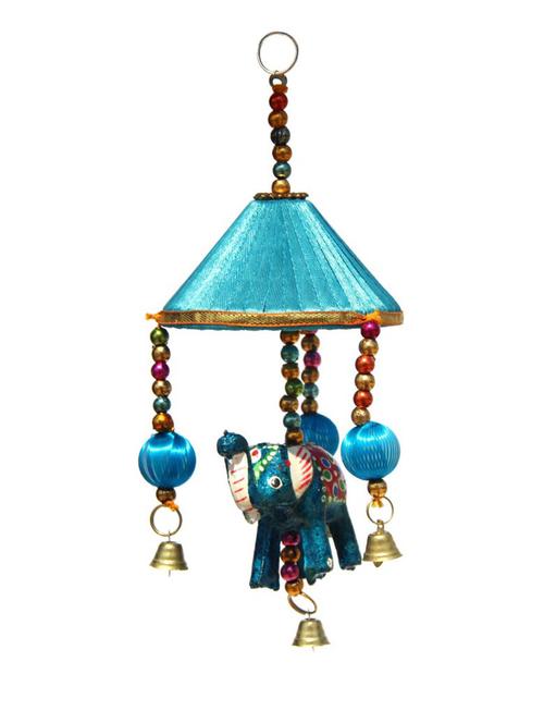 door hanging blue elephant with sky blue tokri and metal bell - 14120331 - Very Small Image - 1