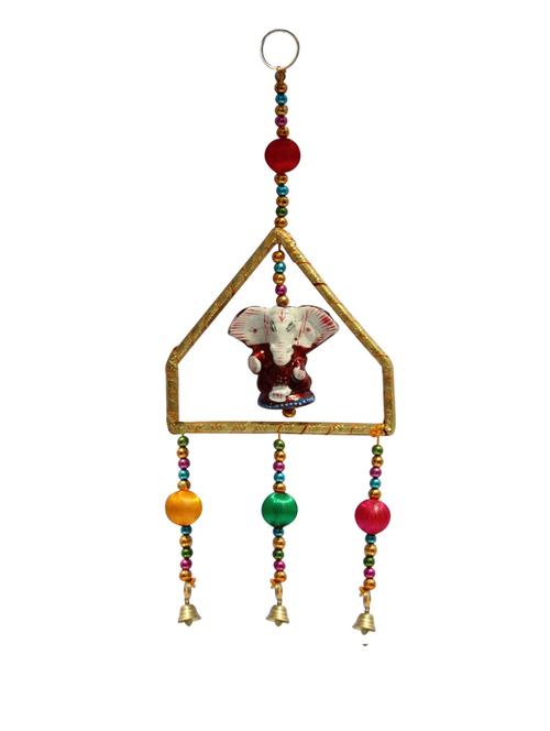 door hanging maroon ganesha with decorative beads and metal bell - 14120335 - Very Small Image - 1