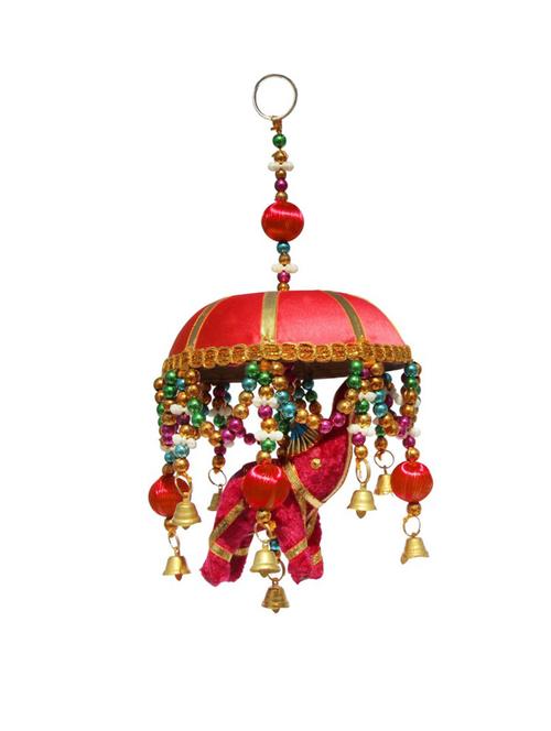 door hanging pink velvet cloth elephant with red tokri decorative beads and metal bell - 14120340 - Very Small Image - 1