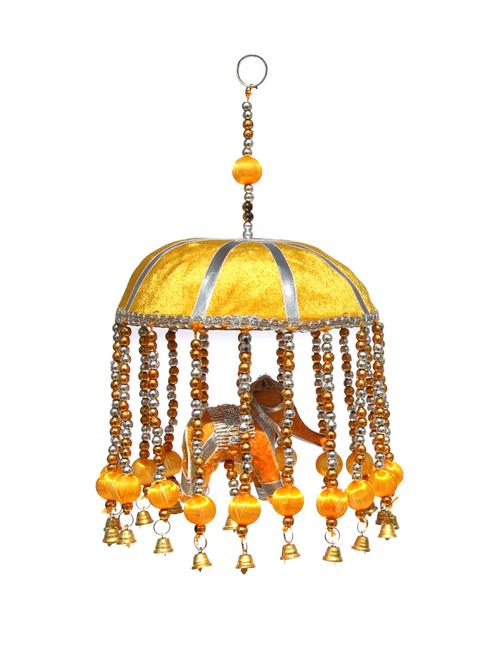 door hanging yellow velvet cloth elephant with yellow tokri decorative beads and metal bell - 14120343 - Very Small Image - 1