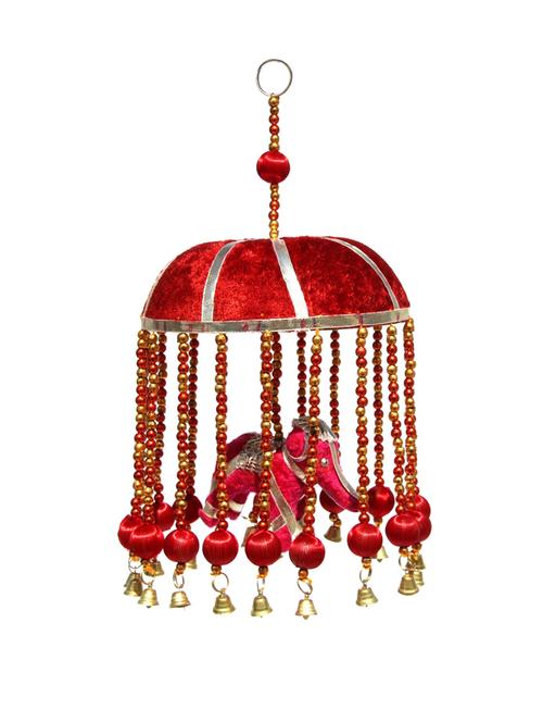 door hanging red velvet cloth elephant with red tokri decorative beads and metal bell - 14120344 - Very Small Image - 1