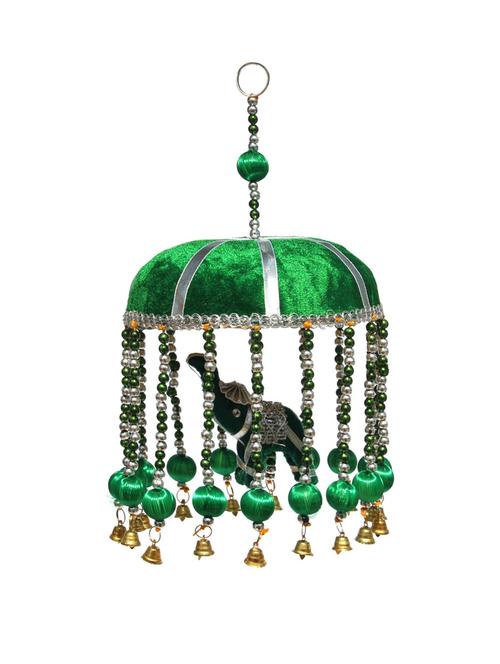 door hanging green velvet cloth elephant with green tokri decorative beads and metal bell - 14120345 - Very Small Image - 1