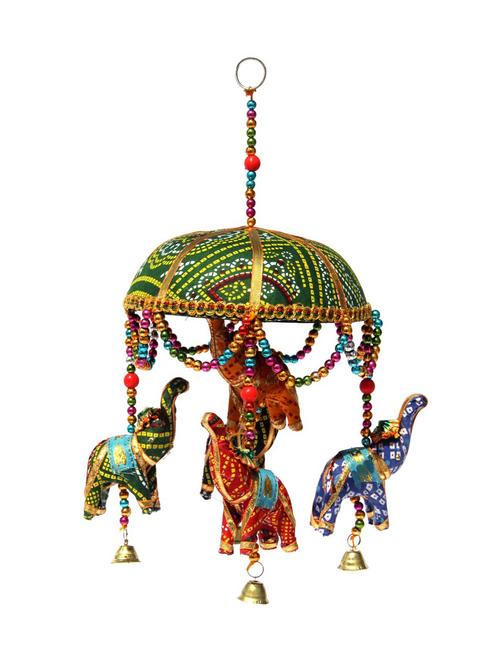 door hanging chunari cloth elephants with green chunari tokri with decorative beads and metal bell - 14120348 - Very Small Image - 1