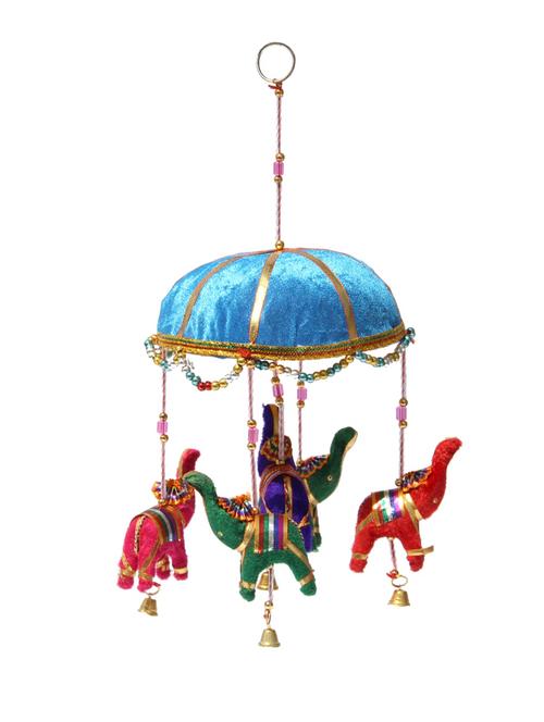 door hanging velvet cloth elephants with sky blue tokri glass beads and metal bell - 14120352 - Very Small Image - 1