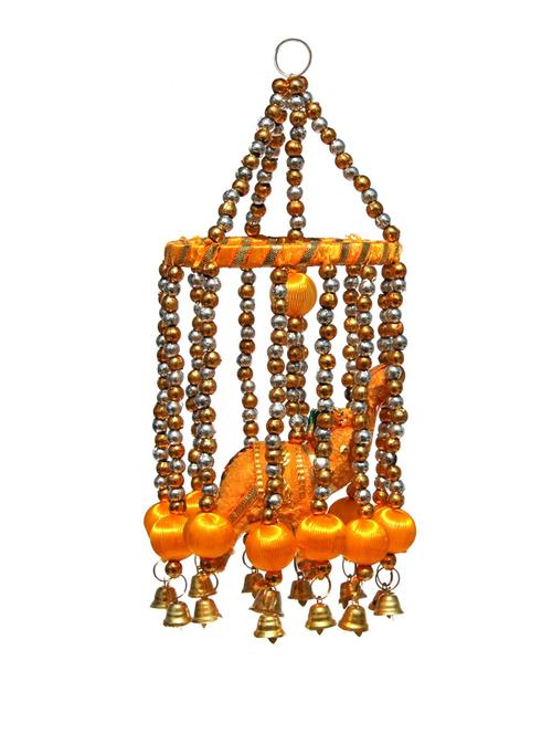 door hanging yellow velvet elephant with multiple decorative strands of beads around and metal bells - 14120353 - Very Small Image - 1