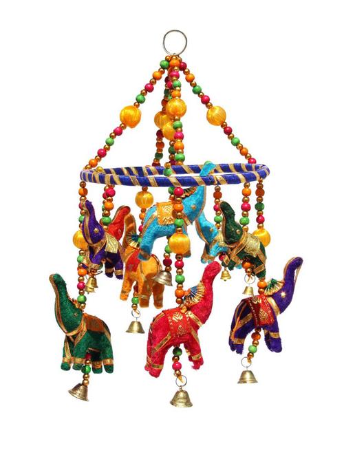 door hanging multi color velvet elephants with blue ring wooden beads and metal bells - 14120355 - Very Small Image - 1
