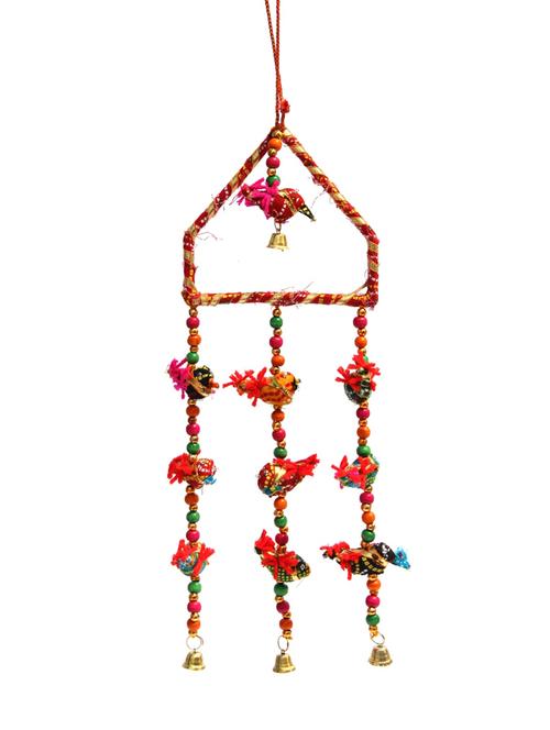 door hanging red chunari cloth bird in red bamboo triangle with three cloth bird strands and metal bells - 14120358 - Very Small Image - 1