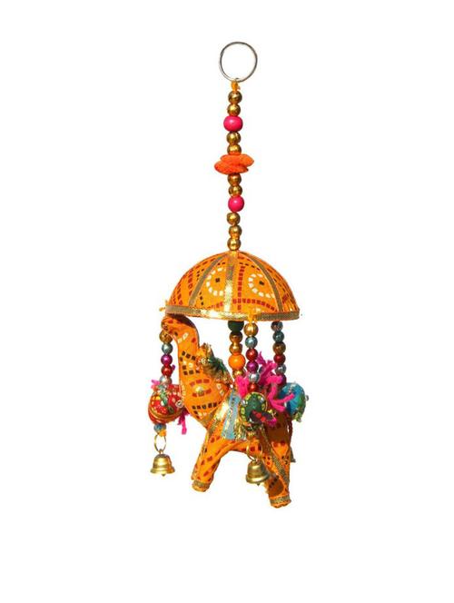 door hanging yellow chunari elephant with tokri over it and small birds surrounding - 14120360 - Very Small Image - 1