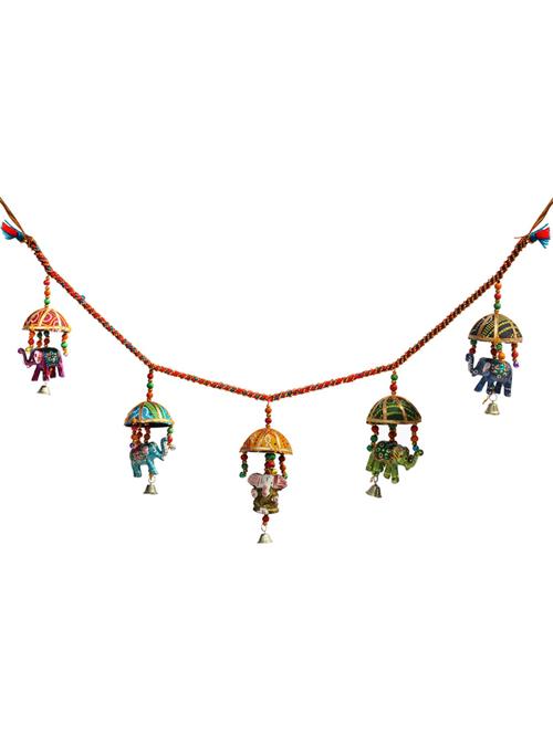 door hanging bandhanwar multi color bead strands with elephants and ganesha hanging under tokri - 14120369 - Very Small Image - 1