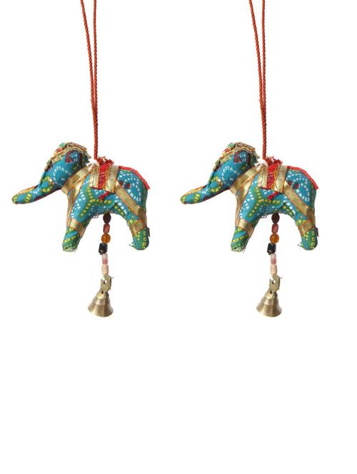 door hanging sky blue chunari cloth elephant pair with bell - 14120377 - Very Small Image - 1
