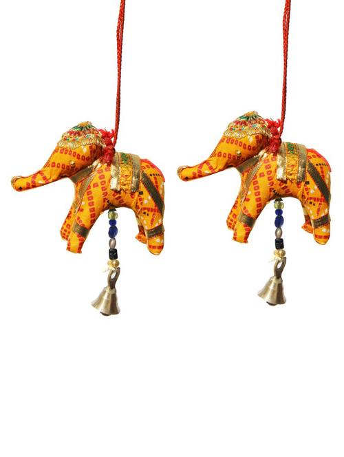 door hanging orange chunari cloth elephant pair with bell - 14120378 - Very Small Image - 1