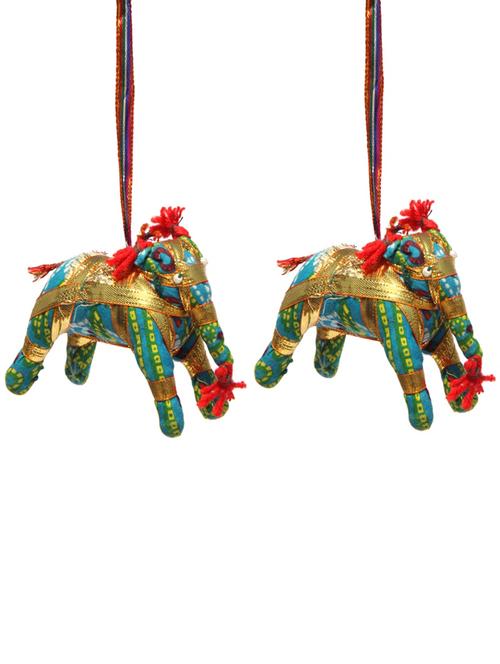 door hanging elephant pair in sky blue chunari cloth with cotton indside - 14120380 - Very Small Image - 1