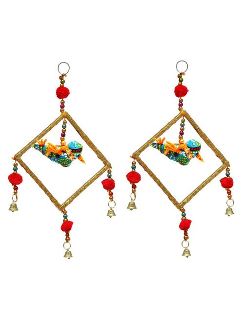 door hanging pair of sky blue chunari cloth bird inside square shaped border with bells - 14120383 - Very Small Image - 1