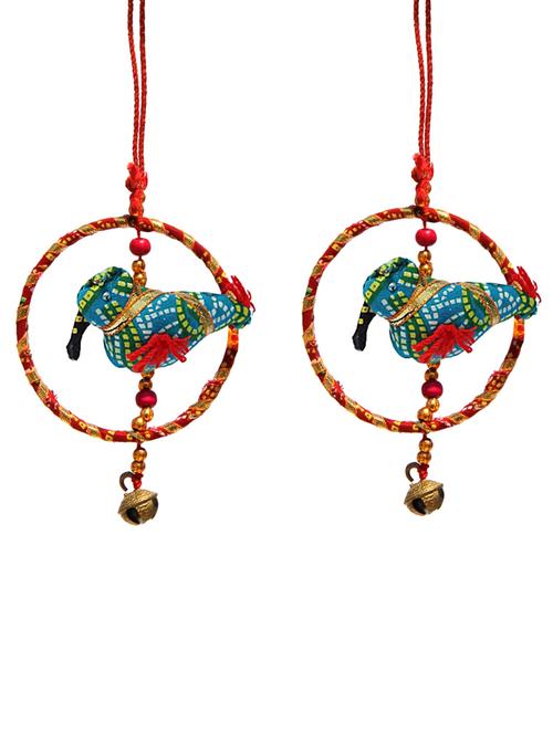 door hanging pair of sky blue chunari cloth bird inside a ring with metal bell - 14120384 - Very Small Image - 1