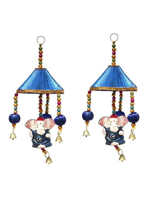 door hanging pair of blue ganesha under blue cloth tokri with bells - 14120387 - Very Small Image - 1